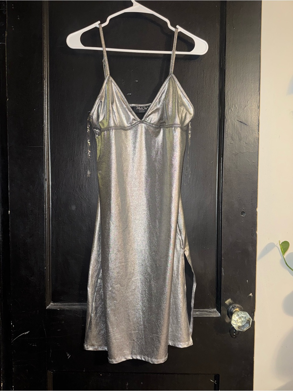 Silver Slip Mini Dress with Spaghetti Straps